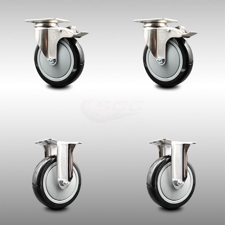 Service Caster 5 Inch 316SS Black Polyurethane Swivel Top Plate Caster Lock Brake 2 Rigid, 2PK SCC-SS316TTL20S514-PPUB-BLK-2-R-2